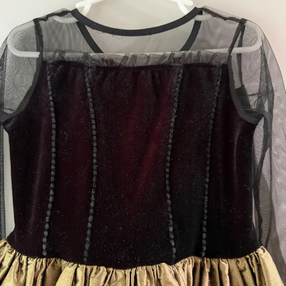 Vintage Formal Dress Girls 6 Black Gold Velvet Silk Skirt Mesh Sleeve Good